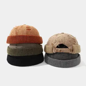 Trendy Personalized Distressed Vintage Colorblock Corduroy Hat Autumn Winter Korean Style Face Slimming Cold Cap Unisex Baseball Cap Beanie Fitted fisherman beanie