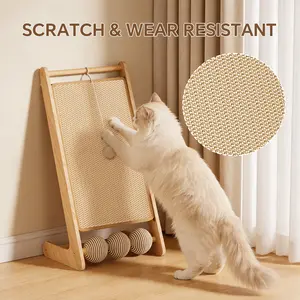 Vertical Cat Scratcher Post with Sisal Mat, Interactive Cat Toy with Hanging Ball & Foot Rollers, Durable Cat Scratching Pad for Large Cats