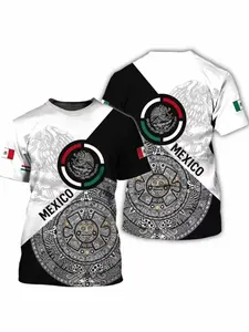 Mexican Flag Print Men's T-Shirt, Classic Color Eagle Pattern, Round Neck Breathable Polyester Sports Shirt, Casual Long Sleeve Top, Casual Style Tee