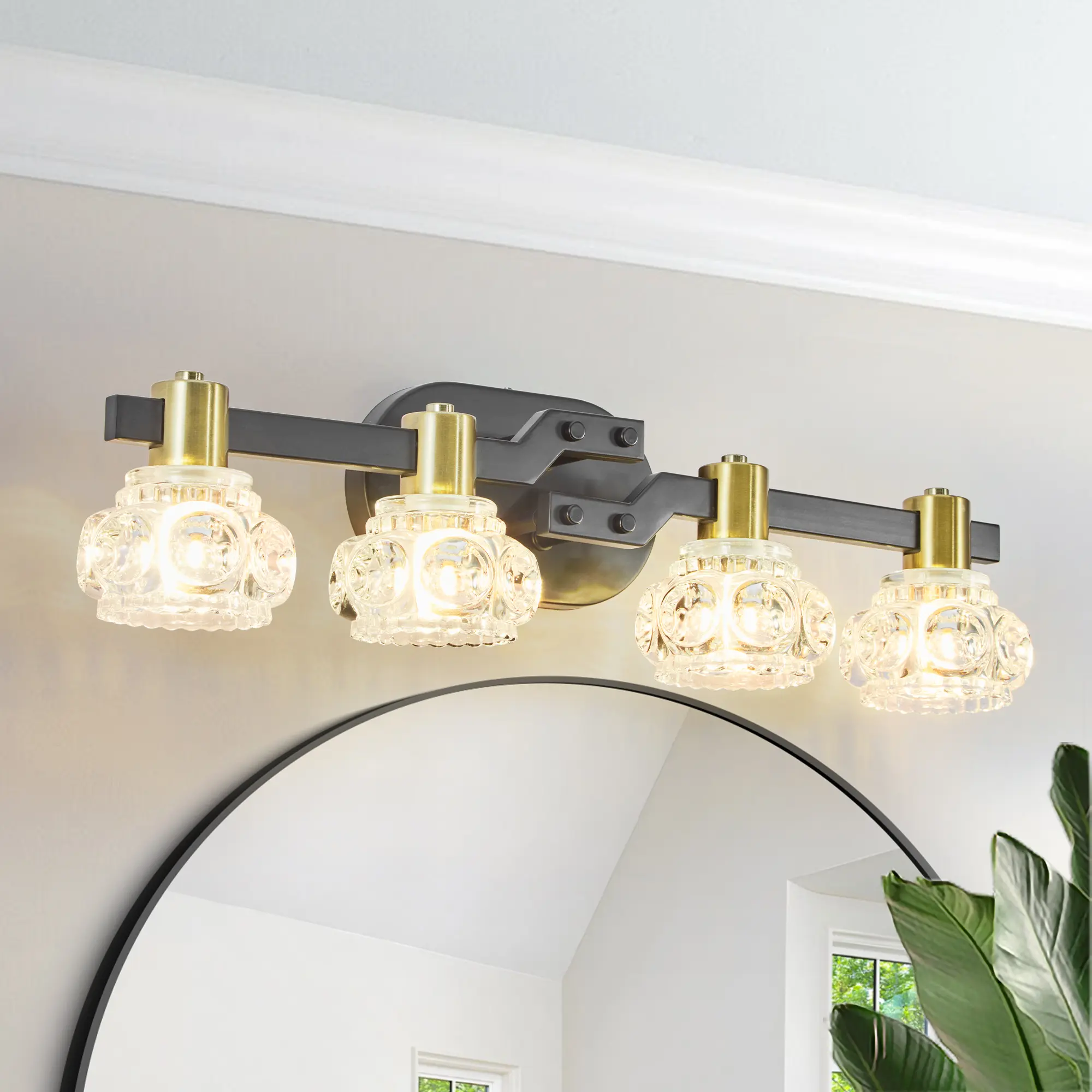 Matte Black & Brushed Brass Gold 4-Light Modern Farmhouse Crystal Bathroom Vanity Sconce, Anti-Corrosion Adjustable Foldable Arm G9 Base Indoor Wall Fixture for Bath Vanity, Powder Room (Refracts Soft Layered Light)