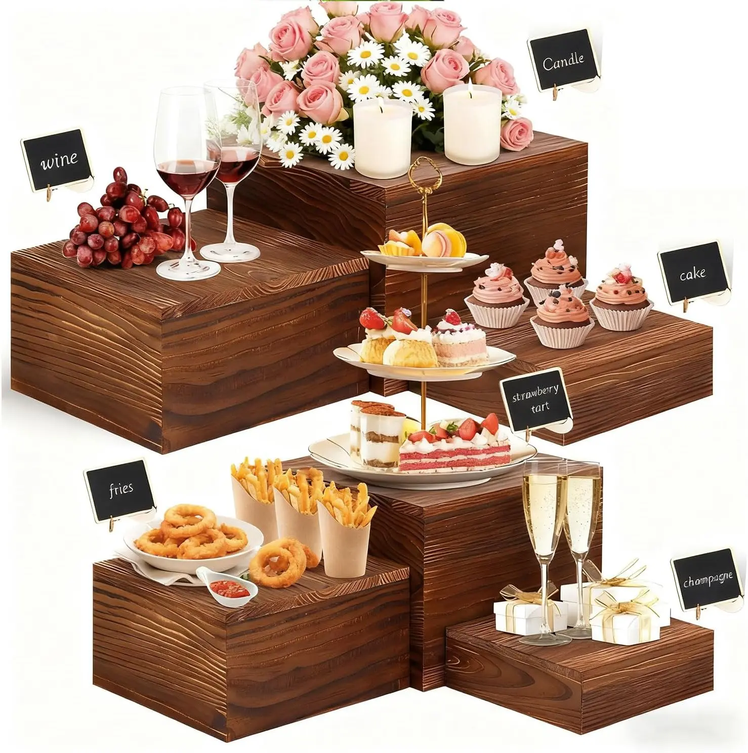 6 PCS Wooden Buffet Risers, Wood Display Risers for Food, Wooden Square Risers Display Stands, Food Risers for Buffet Table (10", 9" , 8", 7", 6", 5")