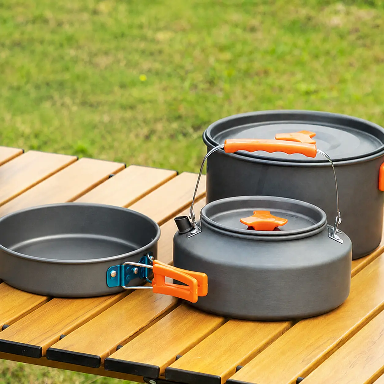 Camping Cookware Pots and Pans Set - Lightweight Portable Kit with Kettle, Non-Stick Mess Kit, Folding Heat-Resistant Handles, Shovel, Compact Nesting Gear for Backpacking Camping Survival (1-2 People), Camping Supplies, Folding Handle, Outdoor Cooking St