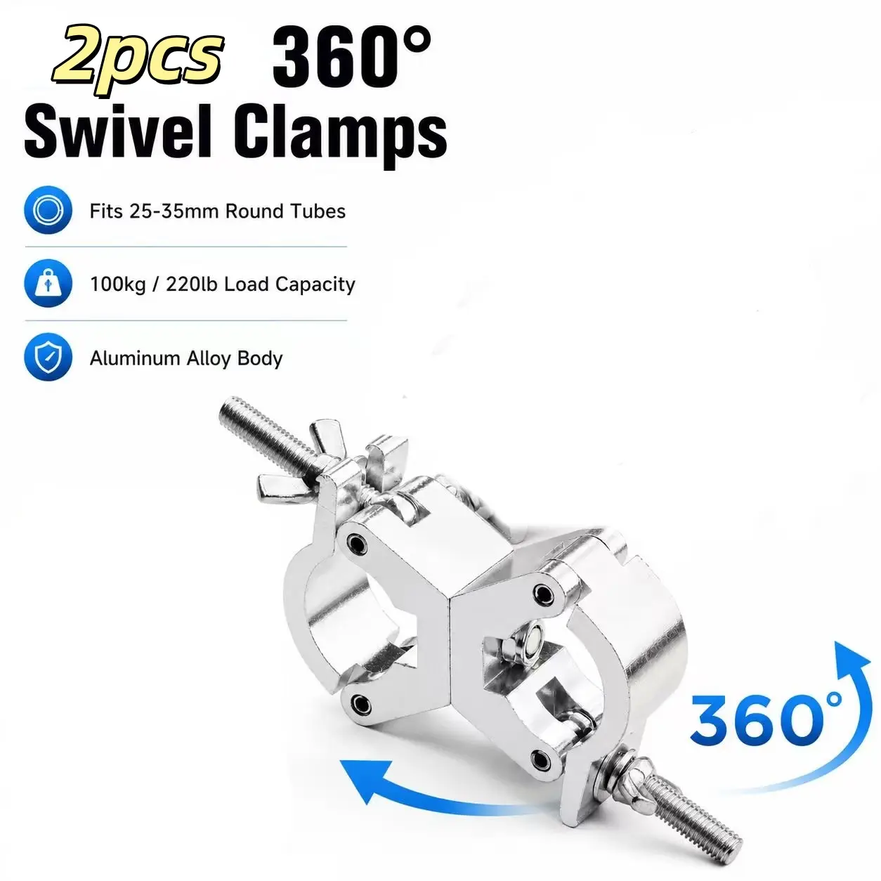 2 Aluminum Alloy Body Swivel Pipe Clamps, 360° Rotatable 25-35mm Round Tube Holders, Heavy Duty Stage Light Truss Couplers for DJ Light Stands, 100kg Load Silver Hardware, Dj Light Stand