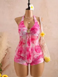 Gradient Hibiscus Halter Neck V-Neck Metal Buckle Mesh Skirt Bottom Split Swimwear Tankini Suit Two-Piece Set, Stylish Beach Wear