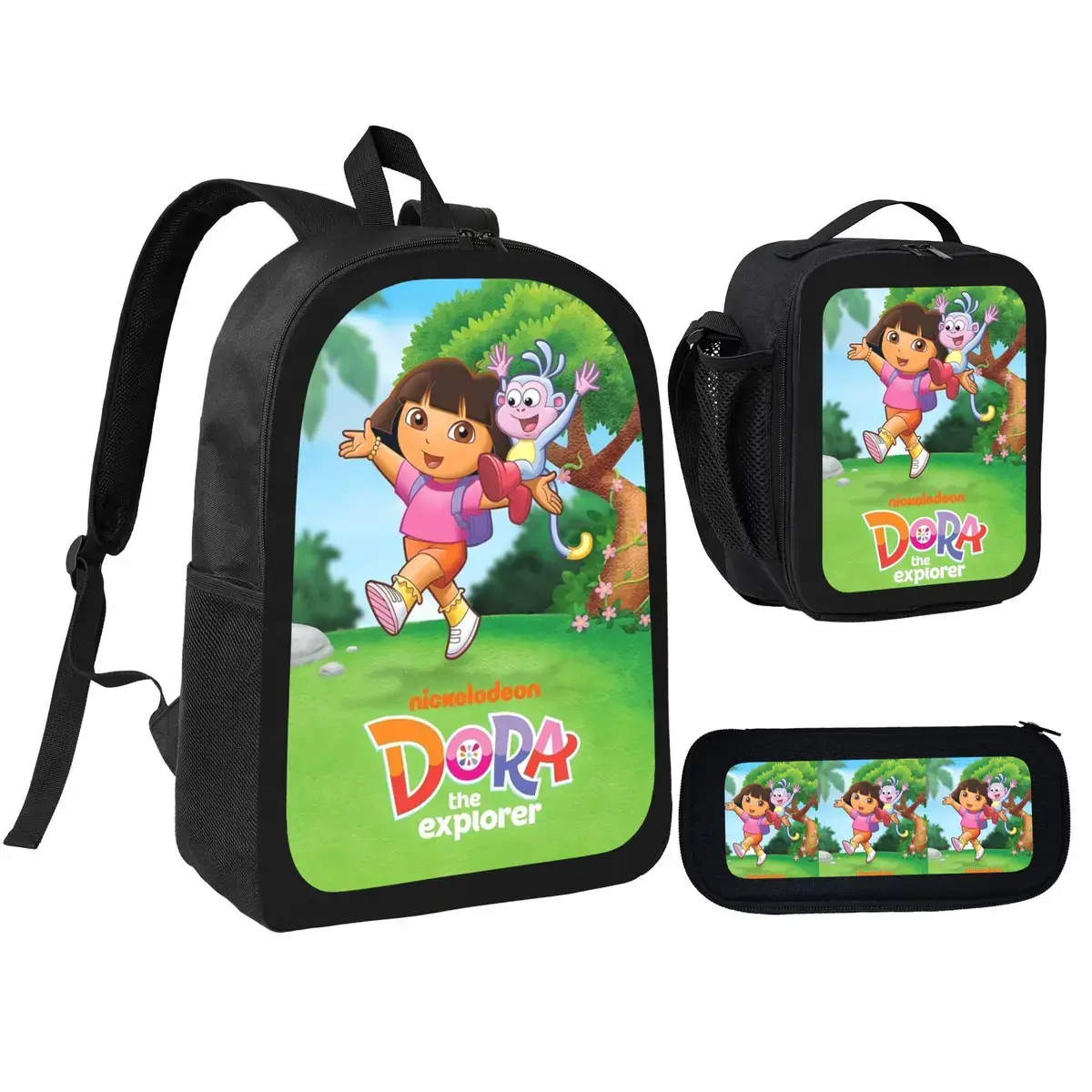Anime Dora the Explorer 3-Piece School Backpack Set for Teen Girls - Adjustable Multi-Function School Backpack with Lunchbox, Pencil Box, Ideal for Office, Travel, Best Gift, School Backpacks, Adjustable Backpack