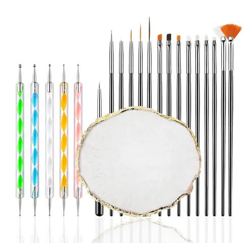 21PCS Nail Art Design Tool Kit, Resin Mixing Palette with 5 Double-Ended Dotting Pens & 15 Nail Art Brushes, Nail Liner Drawing Brushes for DIY Manicure Salon Supplies