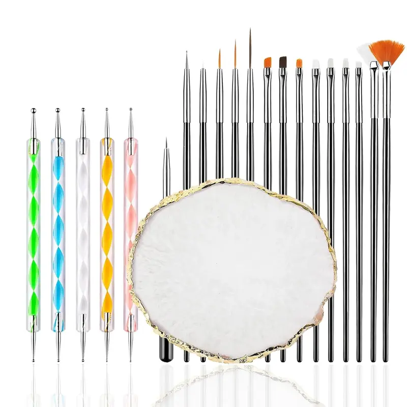 21PCS Nail Art Design Tool Kit, Resin Mixing Palette with 5 Double-Ended Dotting Pens & 15 Nail Art Brushes, Nail Liner Drawing Brushes for DIY Manicure Salon Supplies