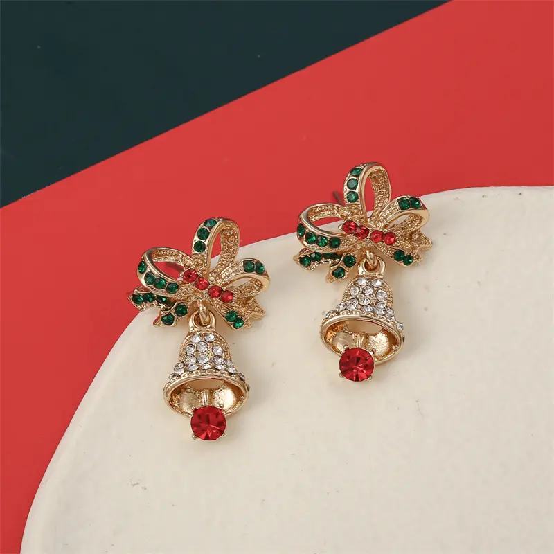 Fashion Christmas Rhinestone Bowknot Bell Pendant Earrings for Women Exquisite Crystal Zircon Xmas Bow Earrings New Year Gifts