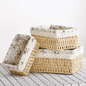 3 Pcs Handwoven Multi Storage Baskets Set,Rectangular Storage Bins Container with Liner,Decorative Home Storage,Paper Rope Decorative Storage Basket,Suitable for Drawers, Cosmetic Storage, Bedroom Shelf Organization and Home Decor