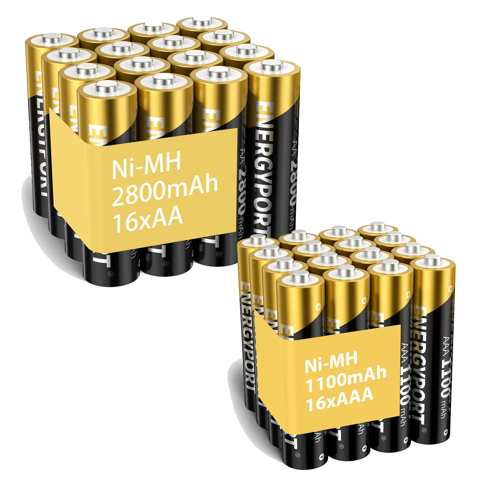ENERGYPORT 32-Set Rechargeable Batteries AA and AAA Bundle - 16 High-Cap 2800mAh AA, 16 1100mAh Triple A Rechargeable NiMH 1.2V Low Self-Discharge Long-Lasting Batteries