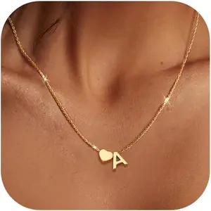Milacolato Women's Plated Gold Initial Necklace, Stainless Steel Chain & Link Long Love Necklace with Tiny Heart Letter Pendant, Personalised Costume Jewelry Gift for Women summerwins
