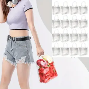 16 Pack Clear Gift Bags with Handles, 7.9" X 7.9" X 3.2" Small Reusable Plastic Party Favor Bags Bulk, Transparent PVC Tote Bag for Wedding, Birthday, Bachelorette, Boutique (20×20×8 Cm)