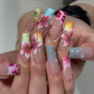 Tropical Maximalist Press on Nails with 3D Pink Flower & Water Drop | 3D Fake Nails in Long Square | Summer Beach Handmade Nail Art