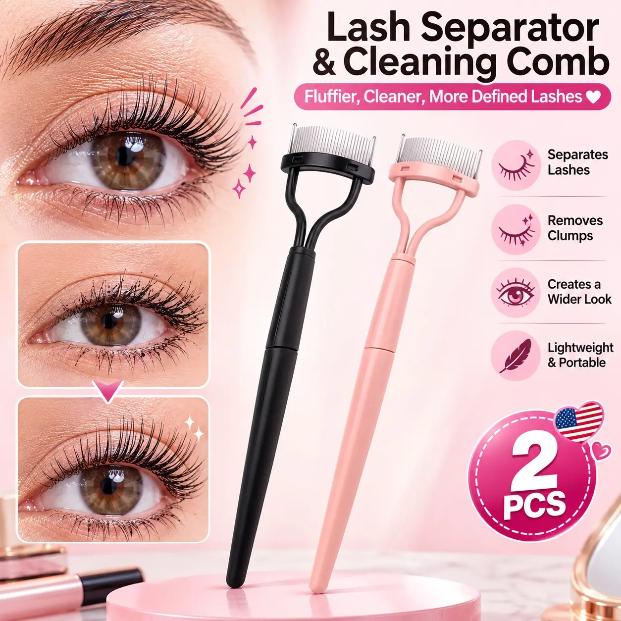 2 pcs Portable Foldable Eyelash Comb, Semi-Curved Steel Needle Lash Comb for Curling Lashes, Professional Beauty Makeup Tool for Women-MM1
