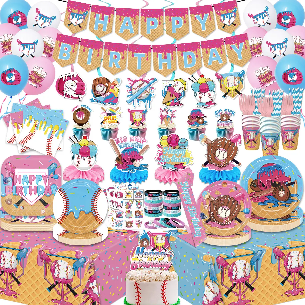 Colorful Lightweight Ice Cream Drip Baseball Birthday Party Decor Kit, Disposable Tableware Set with Plates, Napkins, Banner, Latex Balloons, Tablecloth for Photo-Ready Summer Gatherings, Paper