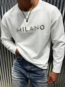 Milano Print Long Sleeve Round Neck T-Shirt, Spring & Fall Essential, Casual Streetwear Style, Unisex, Five Sizes Available