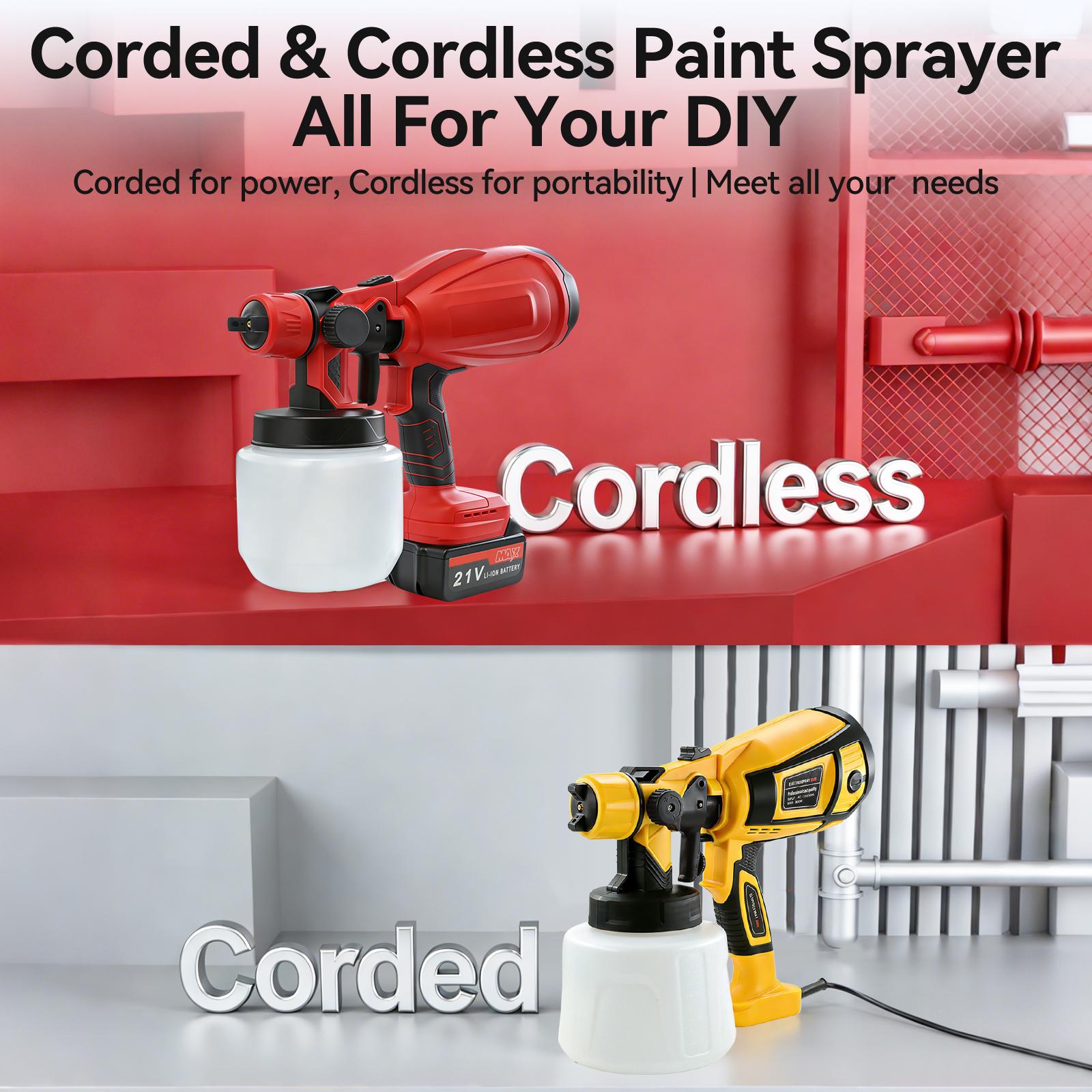 Corded & Cordless Paint Sprayer,  High Power 1400ml HVLP Spray Gun, Portable Cordless Easy to Clean, 3 Spray Modes for DIY Home Renovation