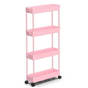Slim Rolling Storage Cart 4 Tier Bathroom Organizer Utility Cart Mobile Shelving Unit Tower Rack for Kitchen Laundry Room Narrow Places (Pink)
