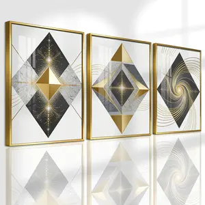 3 Counts Aluminum Alloy Framed Painting, Geometric Gold And Marble Abstract Art Pictures, Home Decoration For Living Room, Bedroom, Office, Restaurant, Hallway Wall Decor, Odorless Print Artwork, Luxury Perfect Gift For Friends And Family