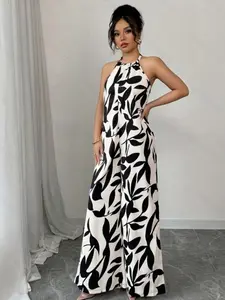 A women's floral-print, off-the-shoulder, backless, sleeveless one-piece pantsuit for an elegant holiday look