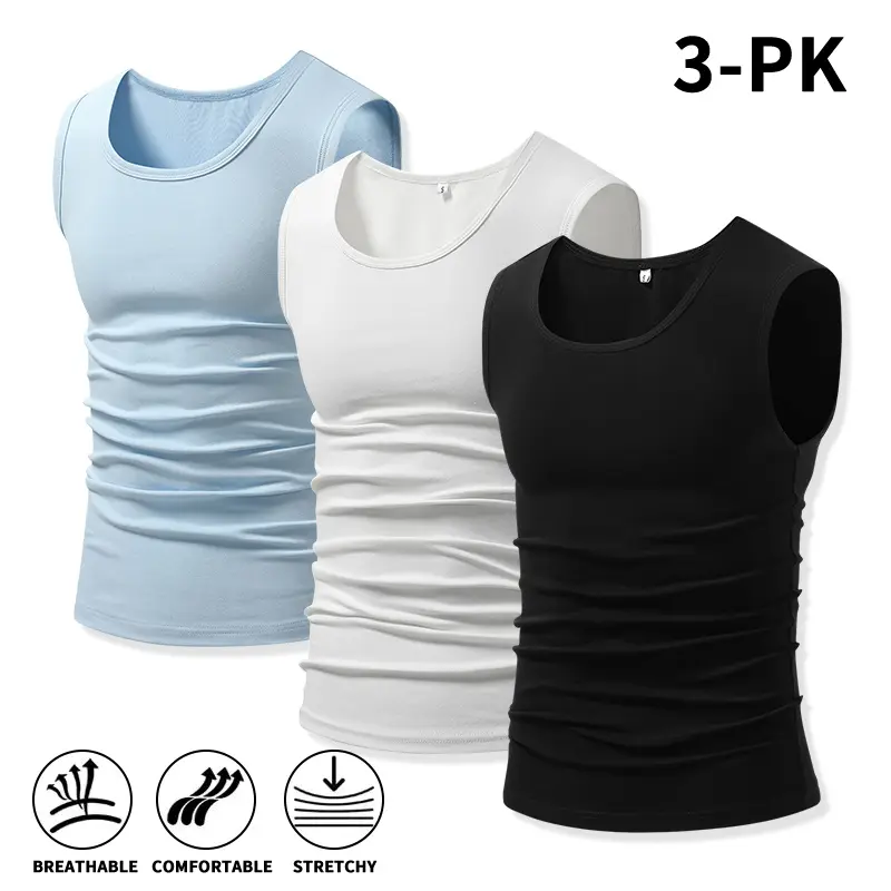 Men 3 Pack Cotton Muscle Tank Tops, Slim Fit Elastic Sleeveless Undershirts, Breathable U Neck Vests for Gym Training Workout & Everyday Summer Wear casual shirt outdoor cycling