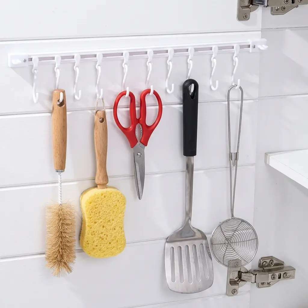 Self-Adhesive Sliding Rail Hook Rack with 10 S-Hooks, Adjustable No-Drill Organizer for Door, 11In Under Shelf Storage for Kitchen, Bathroom
