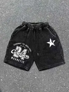 Men's retro washed drawstring shorts, featuring a number and letter graphic design, suitable for all seasons, with a star pattern, comfortable and stylish, Letter Print Shorts, Streetwear Sports Shorts, Casual Athletic Shorts, Casual Sports Shorts