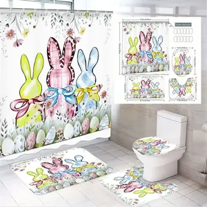 1/4pcsEaster Bunny Shower Curtain Set with Bath Mat & Toilet Cover - Colorful Cartoon Bunnies, Pastel Eggs, Green Foliage & Flowers - Whimsical Festive Bathroom Decor with Coordinated Accessories Bathroom Decoration Accessories