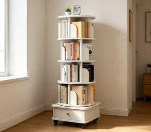 360° Rotating Walnut Round Bookshelf Tower - Compact Size, Durable, Easy Installation, Space-Saving Spinning Storage Shelf, Modern Living Room Furniture, Fashionable & Simple Home Aesthetics Display for Collectibles
