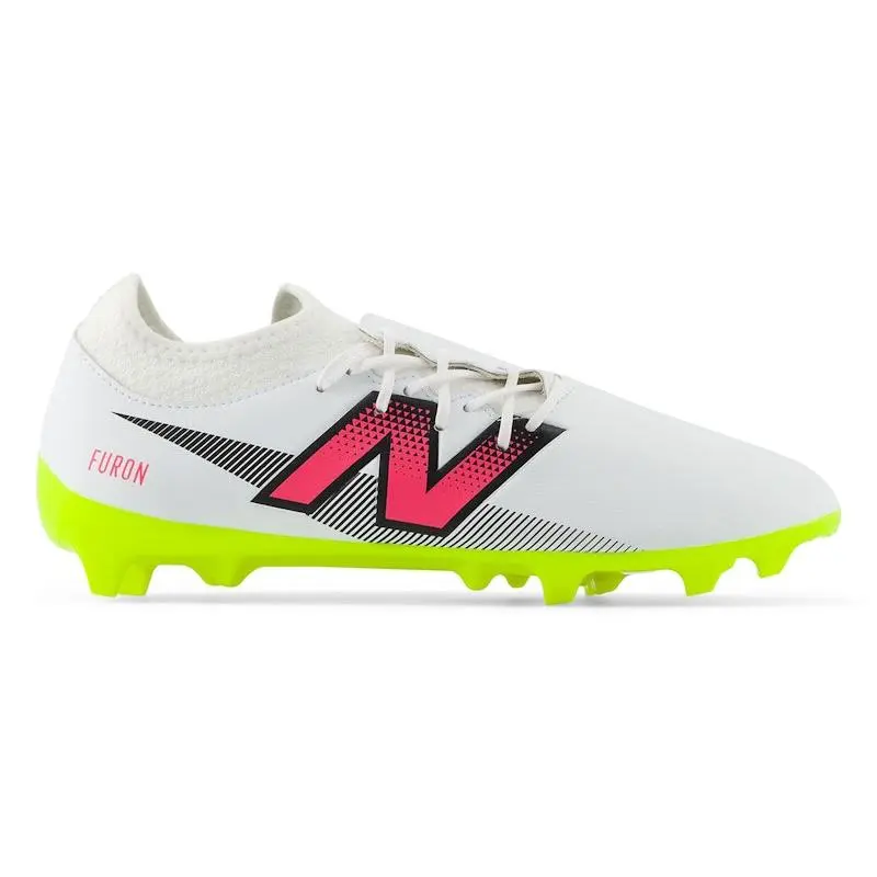 New Balance Furon Dispatch FG V7 White Hi-Lite Neon Pink Firm Ground Soccer Cleats Football Boots Lightweight Speed Shoes Lace-Up Performance Cleats Synthetic Upper TPU Outsole Natural Grass Soccer Shoes Ball Control Training Match Football Boots