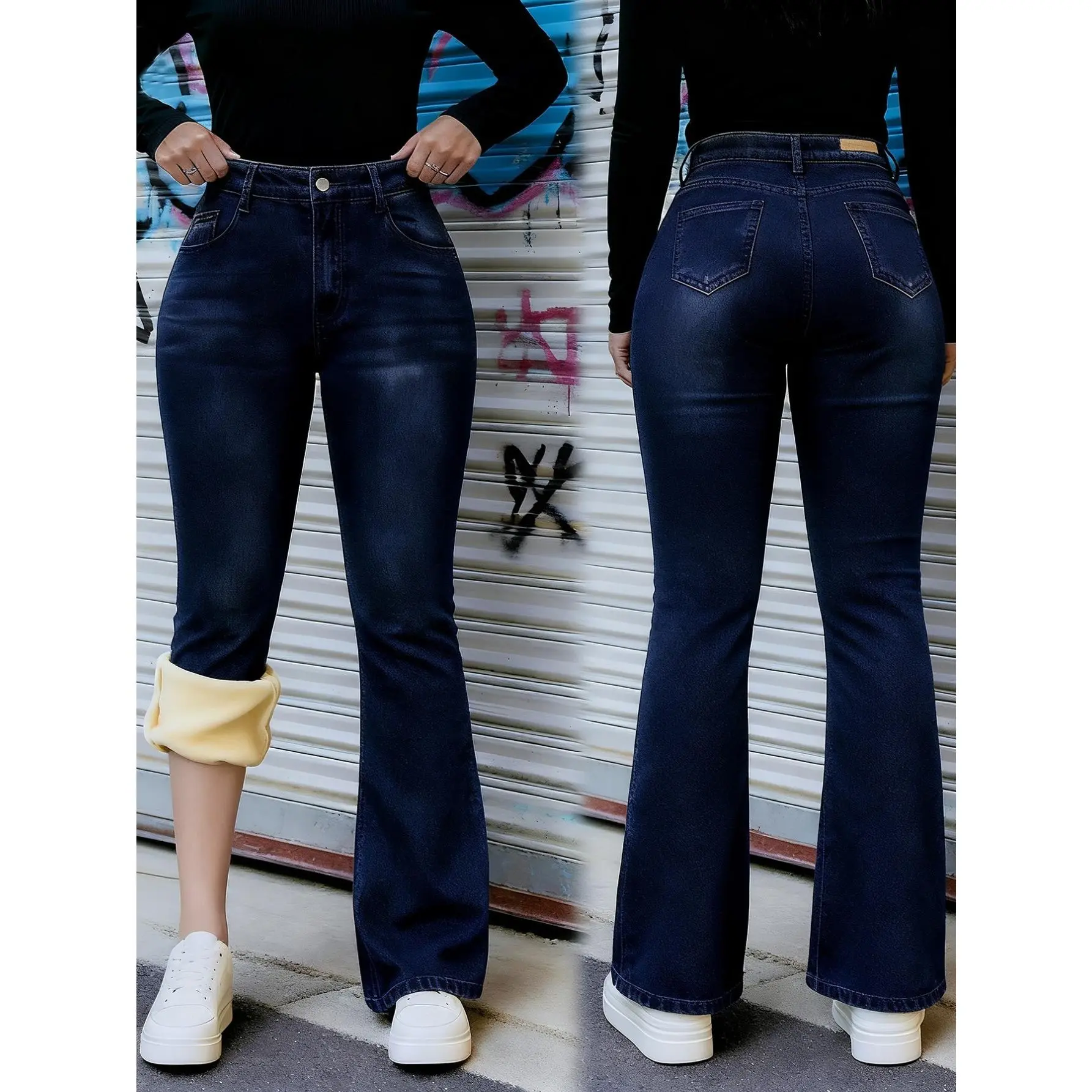 Women's Casual Street Chic Fleece-Lined Flare Jeans - Mid Waist Winter Warm Stretch Viscose Elastane Bottom, Cotton, Flared Pants, Drawstring, Solid Color, Clean Look, Machine-Washable Stretchy Fabric, Loose-Fit, Medium Stretch