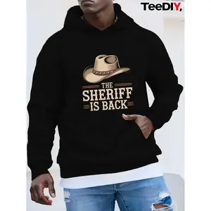 Men's Western Cowboy Sheriff Hoodie with Sheriff Badge & "The Sheriff Is Back" Print - Green Hooded Sweatshirt, Golden Buckle Belt Design, Machine Washable, Autumn/Winter Casual Wear for Cowboy-Themed Parties & Western Outfits