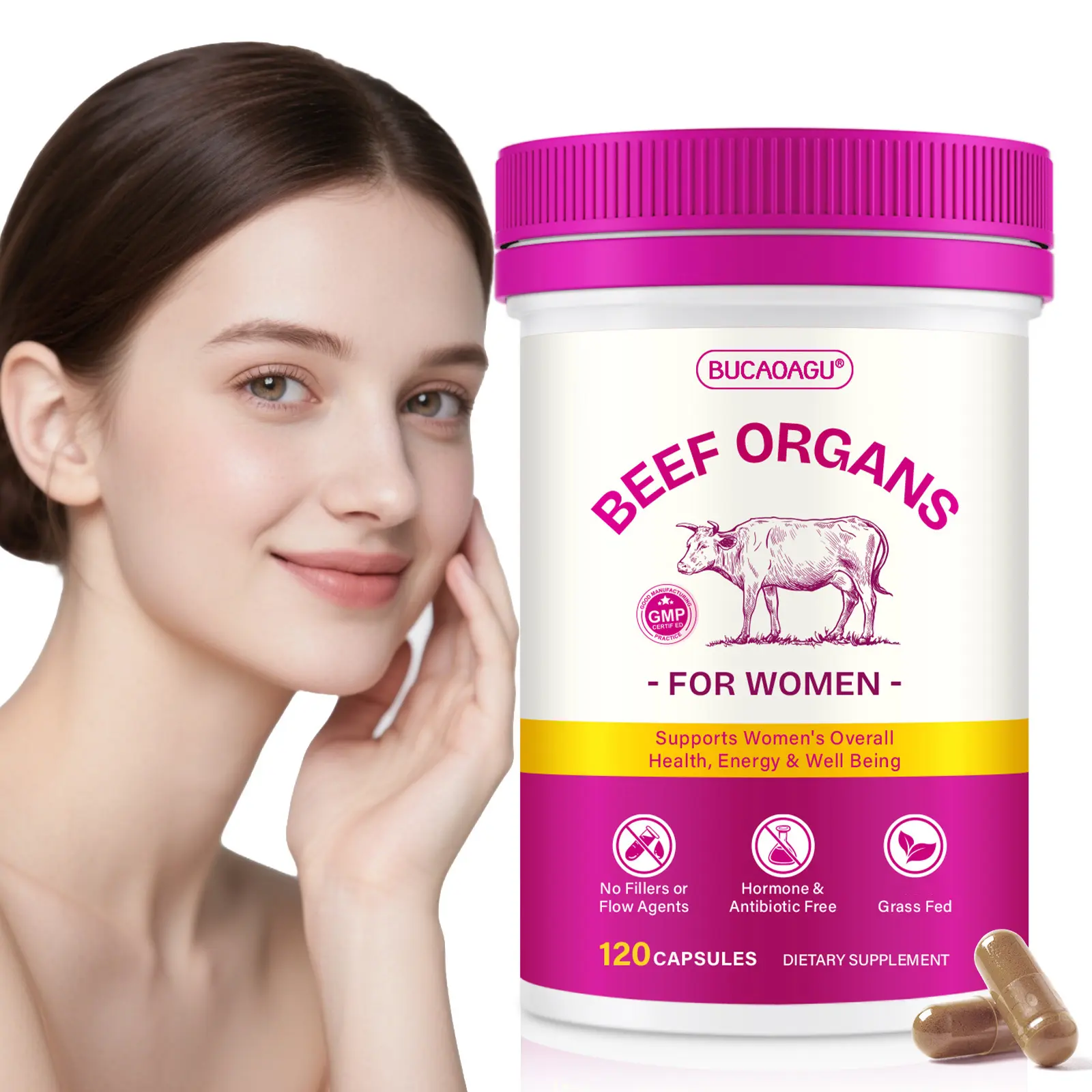 Women's Edible Pasture-Raised New Zealand Beef Organ Fitness Supplement - Bucaoagu, GMP-Certified, Chemical-Free, Vitamin-Infused with Iron, B12, CoQ10, Minerals, Supports Energy, Metabolism, Immune, Ovaries, Brain Health, 120 Capsules, Camping Essential
