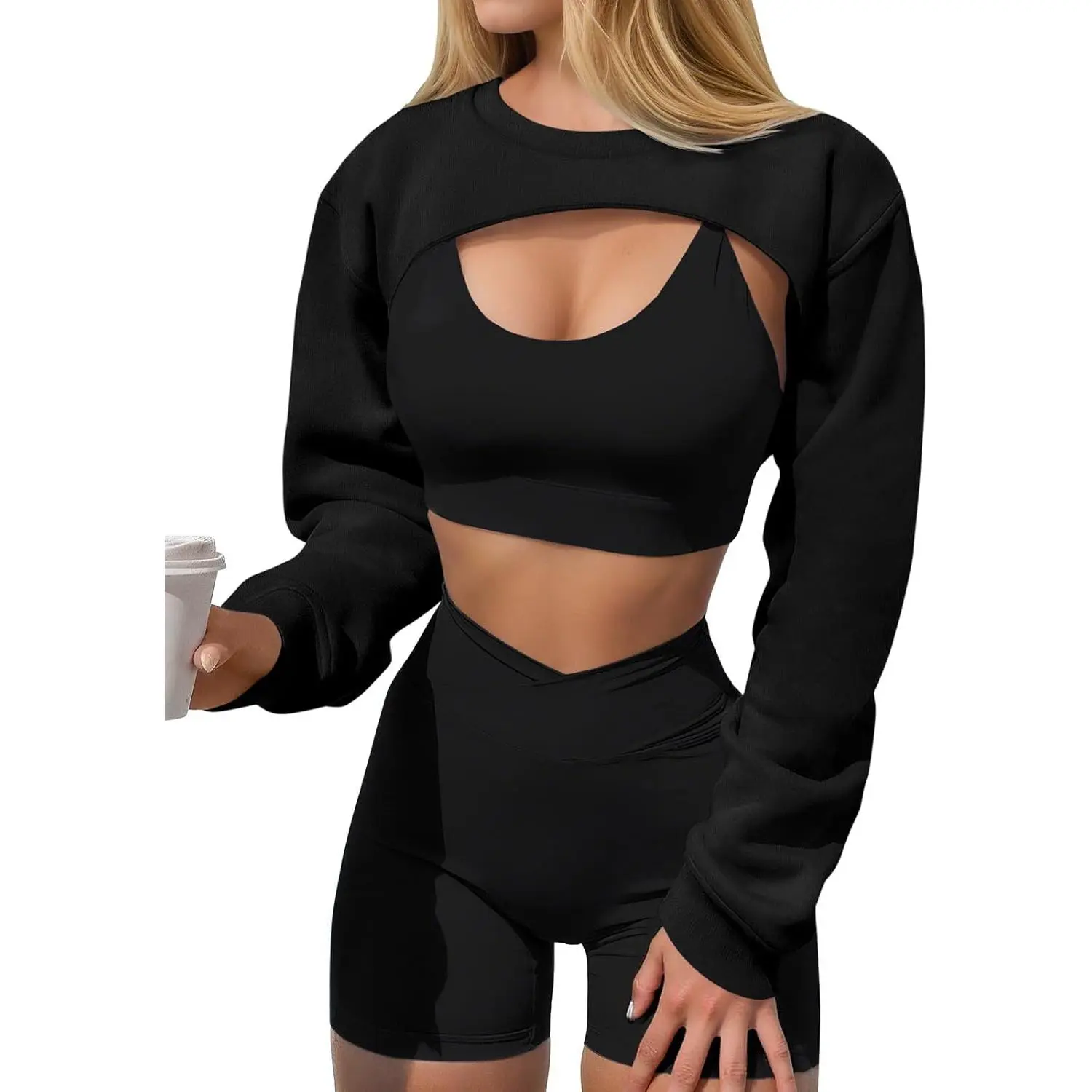 Womens Cropped Sweatshirt Shrugs Long Sleeve Workout Gym Cover Ups Bolero Shrug Y2k Super Crop Tops