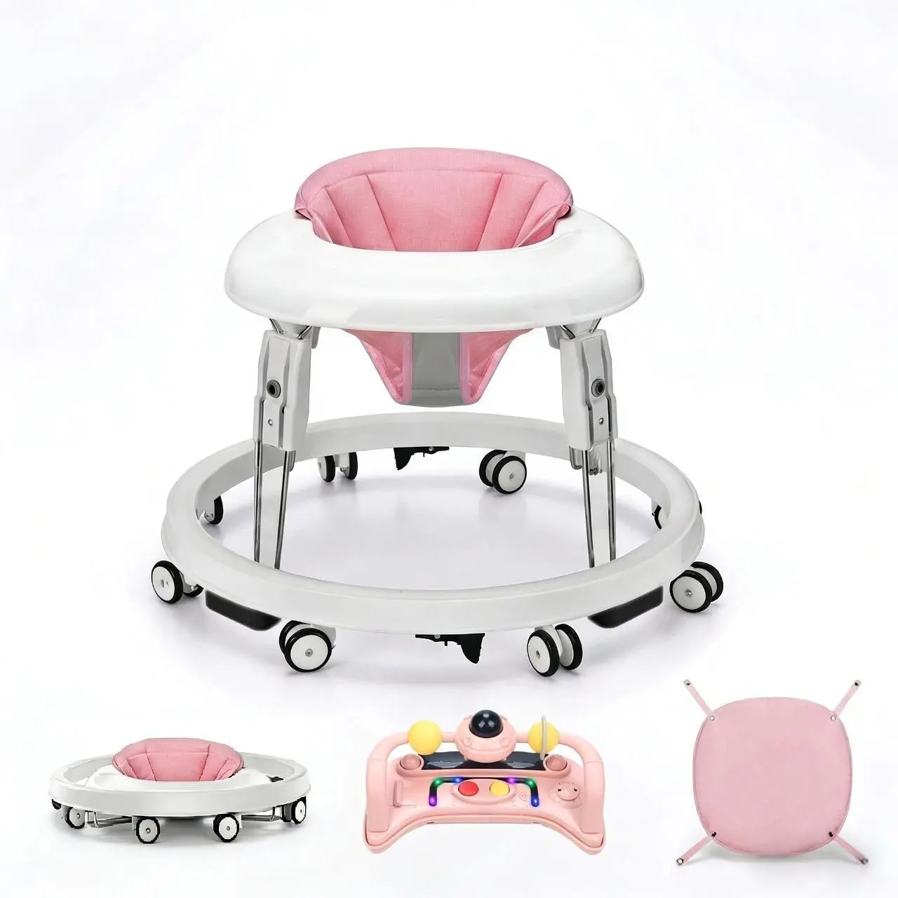 Baby Walker Foldable with 7 Adjustable Heights, Baby Walker With Music Tray& Lights，Activity Center for Boys Girls,  For 6-18 Months Babies