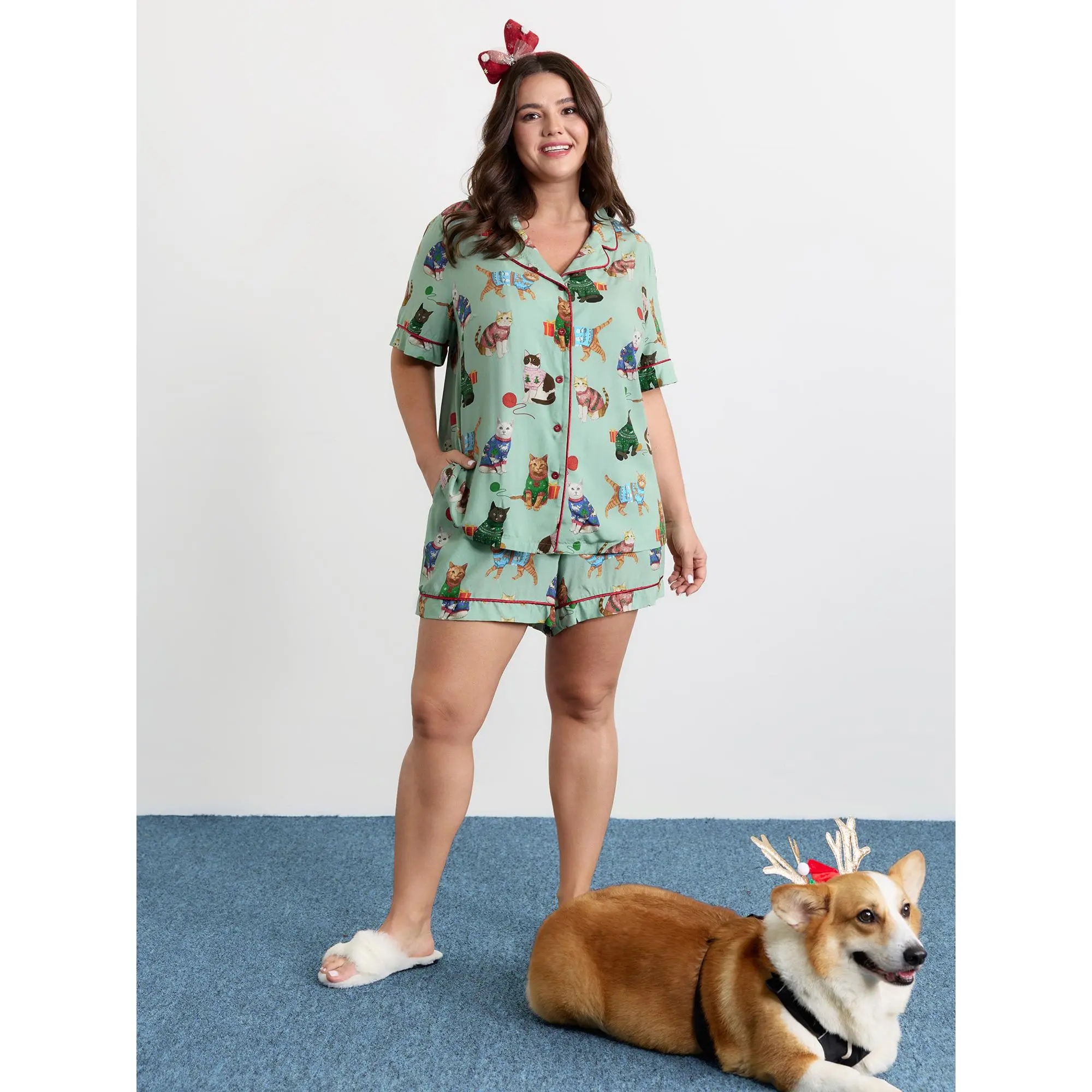 Women's Christmas Cat Print Pajama Set | Playful Rayon 2-Piece Clothes with Color Contrast Top and Fitted Bottoms, Nightwear, Garment, Animal Print