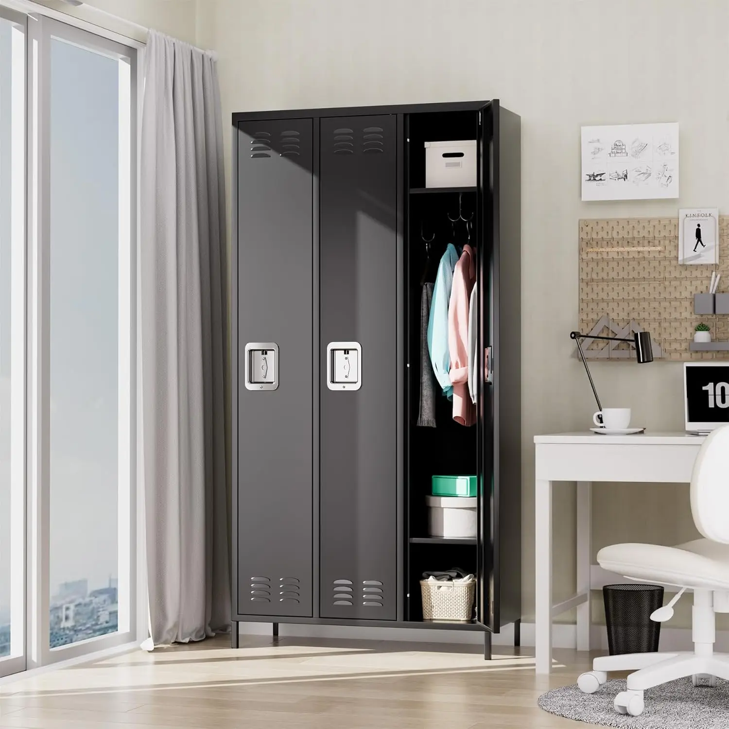 72-In Heavy-Duty Lockable Metal 3-Door Locker - Hidden Ventilation Office Storage Cabinet with Hanging Hooks, Shelves, Quick Setup, Easy Cleaning for Schools, Bedrooms