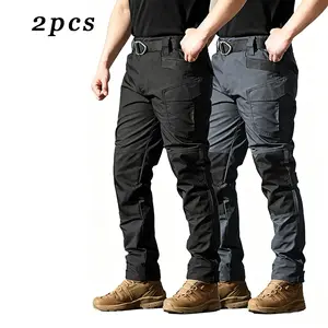 2-Pack Men's Tactical Cargo Pants with elastic waistband and multiple pockets. Featuring built-in knee pads and crafted from 230g fabric, they are ideal for all seasons and outdoor activities. Perfect gift for Father's Day.