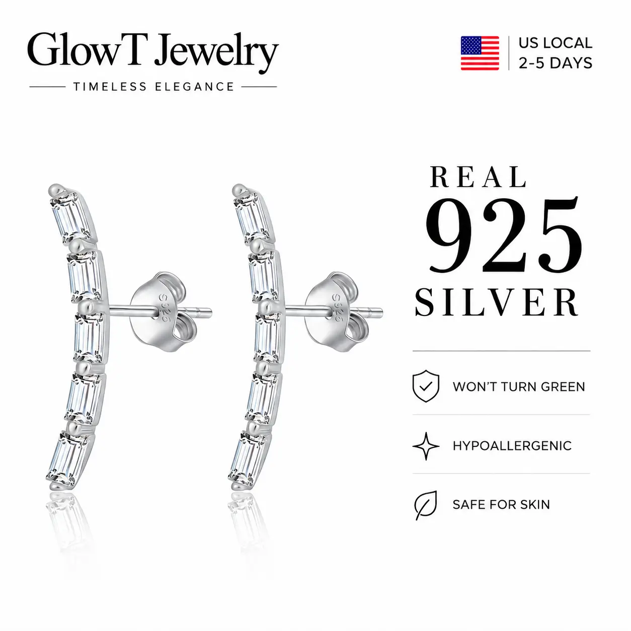 S925 Sterling Silver CZ Ear Climber Earrings - Trendy 5-Stone Baguette Curved Crawler Studs, Hypoallergenic Sparkling Jewelry Gift for Her, TikTok Viral Minimalist Silver Earrings for Sensitive Skin