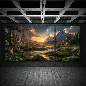 Framed Set of 3 Canvas Wall Art - Oil Painting of The Starry Sky and Snow Capped Mountains - Wall Decor for Bedroom, Living Room - Home Decor - Perfect Gift for Art Lovers Poster Decoration Photo Design Ornaments Artistic