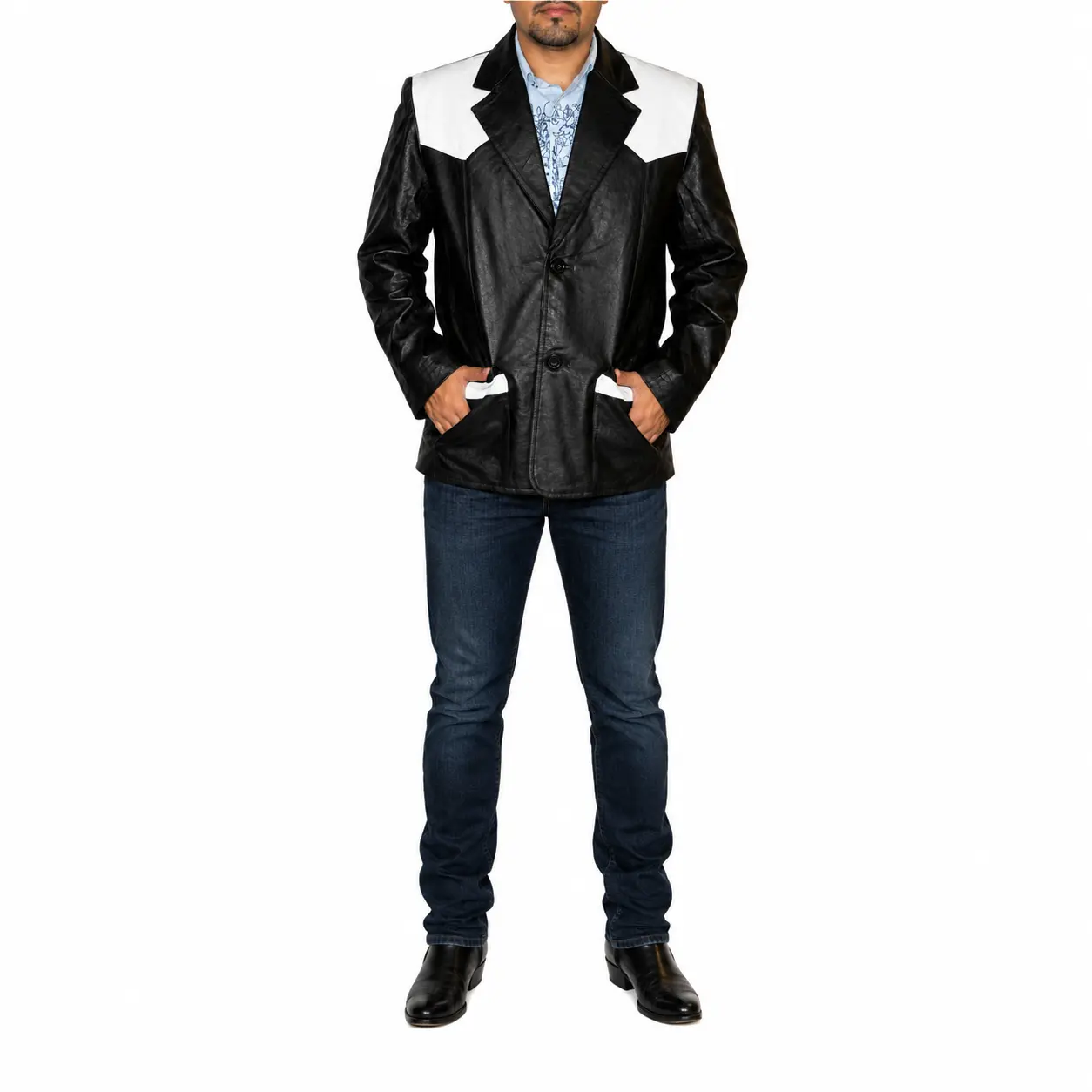 Menswear Stylish Long Sleeve Classic Men's Black/Beige Western Genuine Soft Leather Blazer, Style#369PN, 2 Front Pockets, 1 Inside Chest Pocket, Casual Biker Jacket Coats Nylon