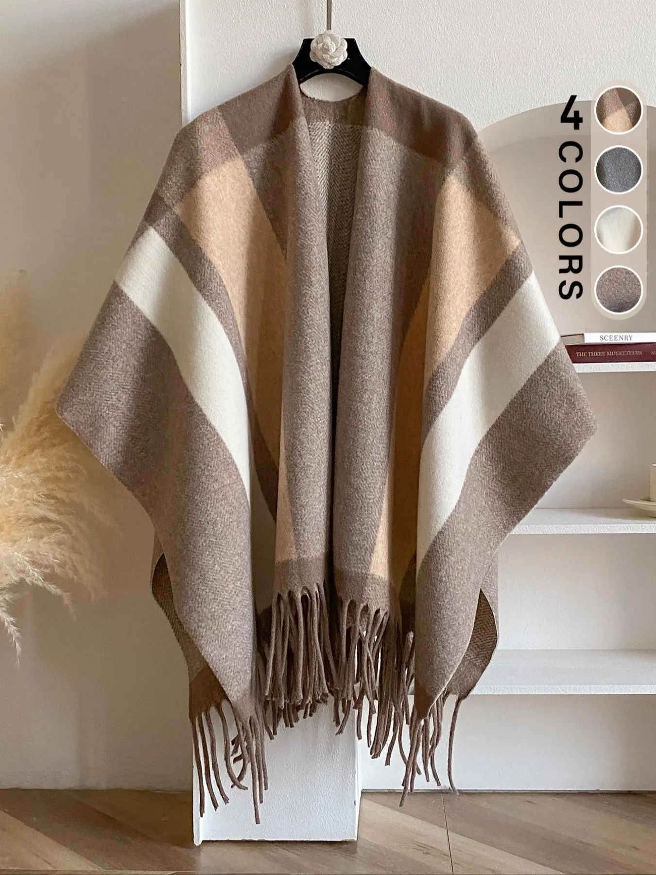 Women's Color Block Tassel Design Shawl, Tassel Decor Shawl, Boho Style Scarf, 2024 New Style Casual Soft Warm Shawl Wrap for Fall & Winter, Fashion Accessories for Women & Girls Dainty Gift for Your Love