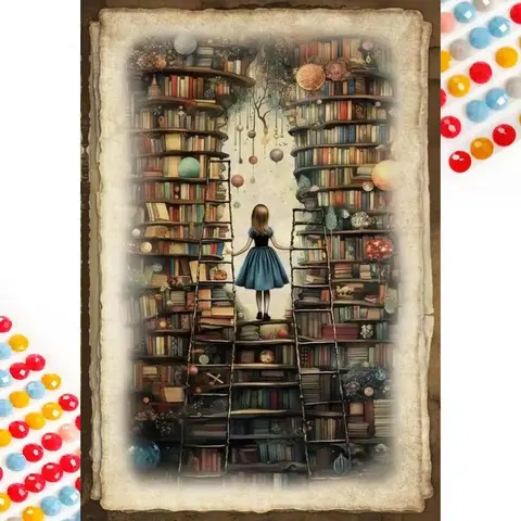 5D DIY Full Drill Round Diamond Painting - Diamond Art Kit Girl, Bookshelf, Ladder Mosaic, Canvas - DIY Decorative Painting, Handcraft, Home Wall Art, Diamond Painting Kits, Diy Diamond Arts, Halloween and Christmas, Birthday and Anniversary Gifts