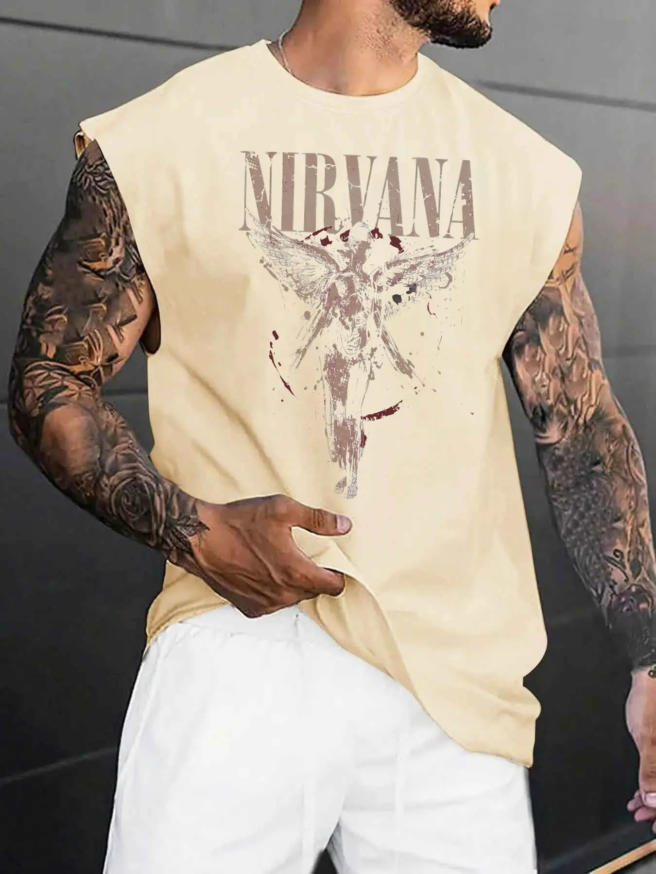 Men's Vintage Angel Graphic Print Fitted Knit Fabric Tank Top Vest, Casual Sleeveless Top for Summer, Men's Clothes for Daily Wear, Beaters Tank Top