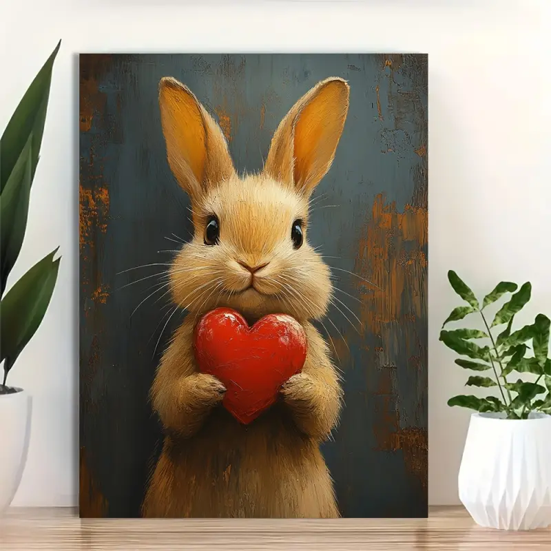1 Piece 30.48x 40.64cm Framed Canvas Wall Art - Cute Bunny Holding Red Heart, Valentine's Day Decoration, Rustic Blue and Brown Background, Hangable Home Art, Bedroom, Living Room Decoration, 2D Graphic Art, Perfect Room Decoration