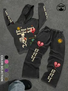 Men's Cotton Vintage Skull Heart Print Hoodie Set, Casual Long Sleeve Sweatshirt & Pants Two-Piece Clothes for All Seasons