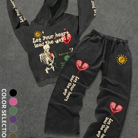 Men's Cotton Vintage Skull Heart Print Hoodie Set, Casual Streetwear Set Street Style Long Sleeve Sweatshirt & Pants Two-Piece Clothes for All Seasons Knitwear Set