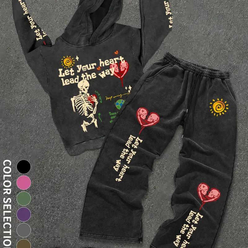 Men's Cotton Vintage Skull Heart Print Hoodie Set, Casual Streetwear Set Street Style Long Sleeve Sweatshirt & Pants Two-Piece Clothes for All Seasons Knitwear Set