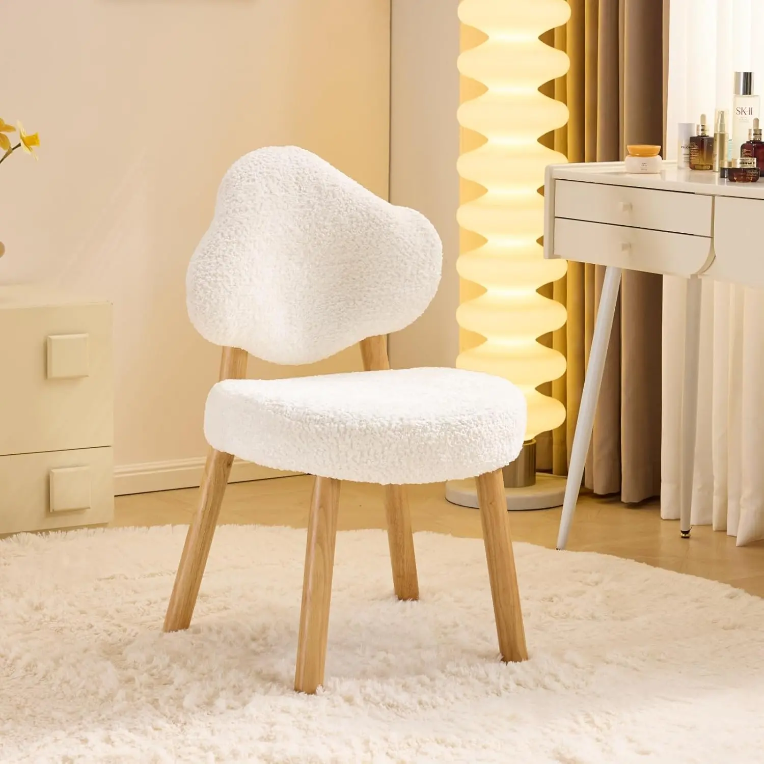 VINGLI Plush Chenille Velvet Upholstered Vanity Armchair - Armless Design, Cloud-Back, 4 Solid Wood Legs, Non-Wheeled, Scratch-Safe Pads, 4.1'' Thick Sponge, Cozy Leisure Decorative Makeup Chair for Girls' Bedroom Modern Desk Accent