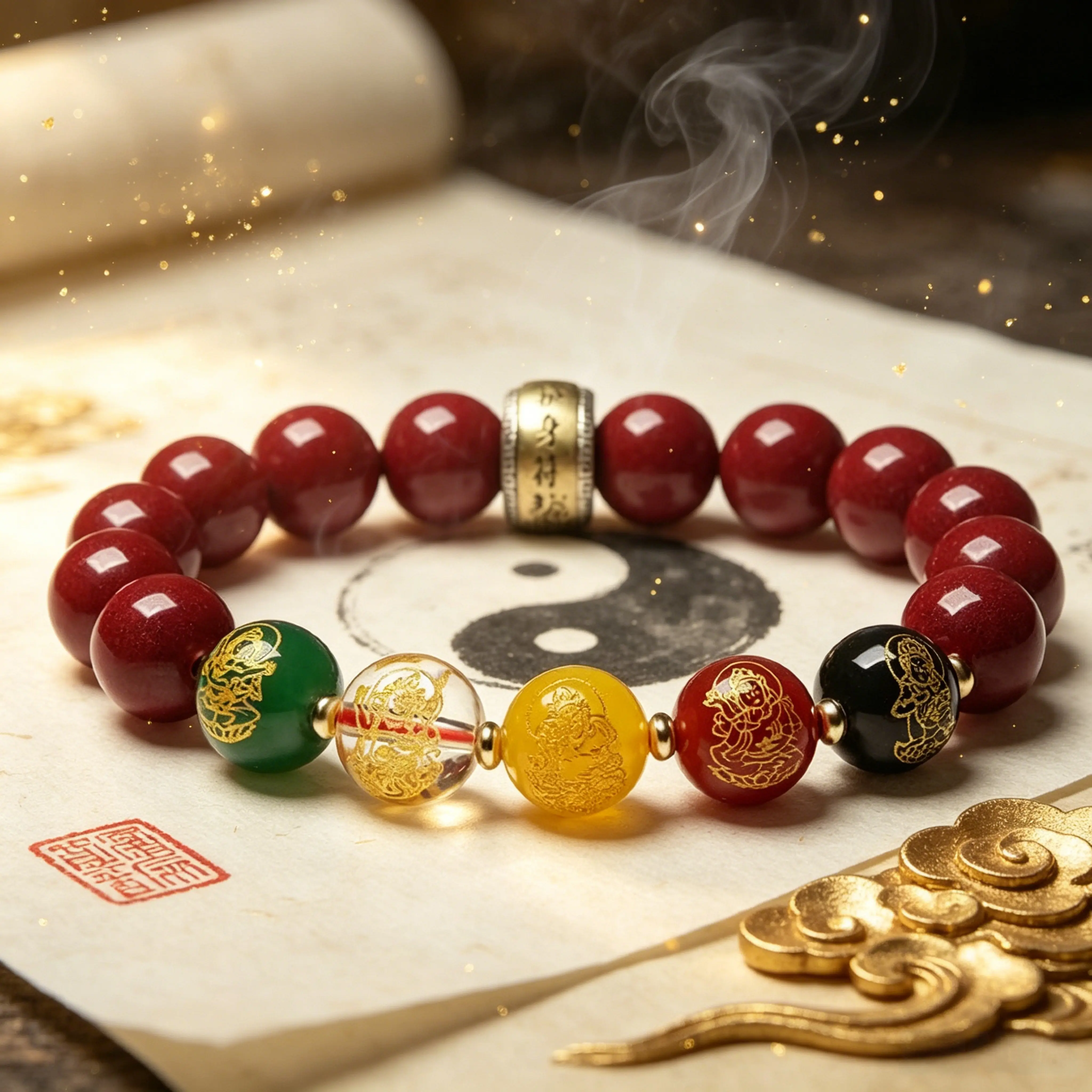 Retro Red Cinnabar Beads Bangle with Colored Gold-Printed Accents - Daily Accessory for Ensuring Safety, Clearing Energy, Bringing Good Luck, Driving Away Gloom, Protecting Your Home